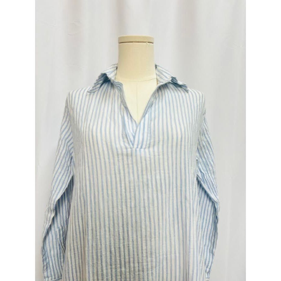 New! Pour Les Femmes Linen Shirt Dress Blue White Cotton Stripe Small — image 3 of 6